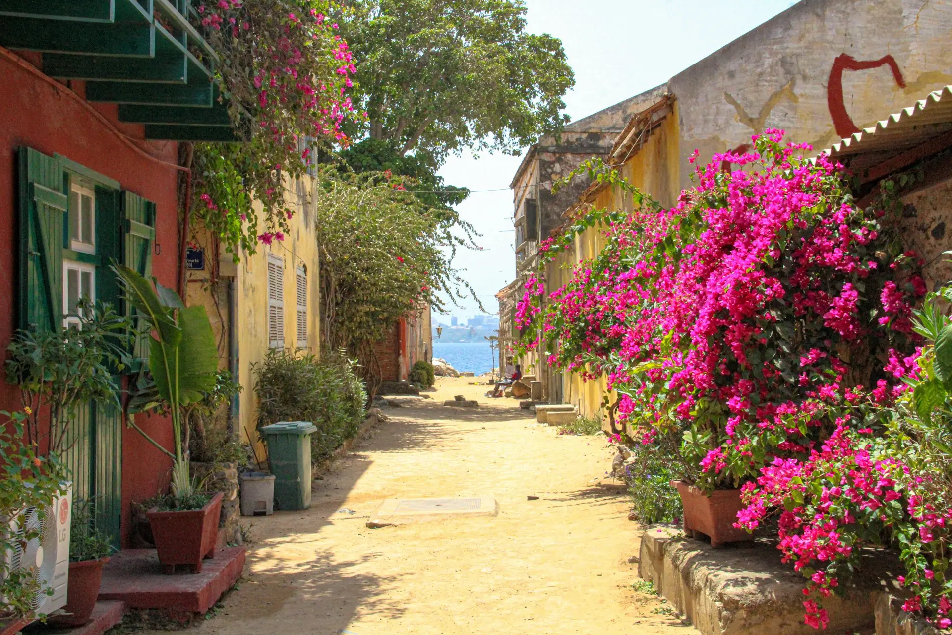 Narrow street lined with colorful buildings and flowers.